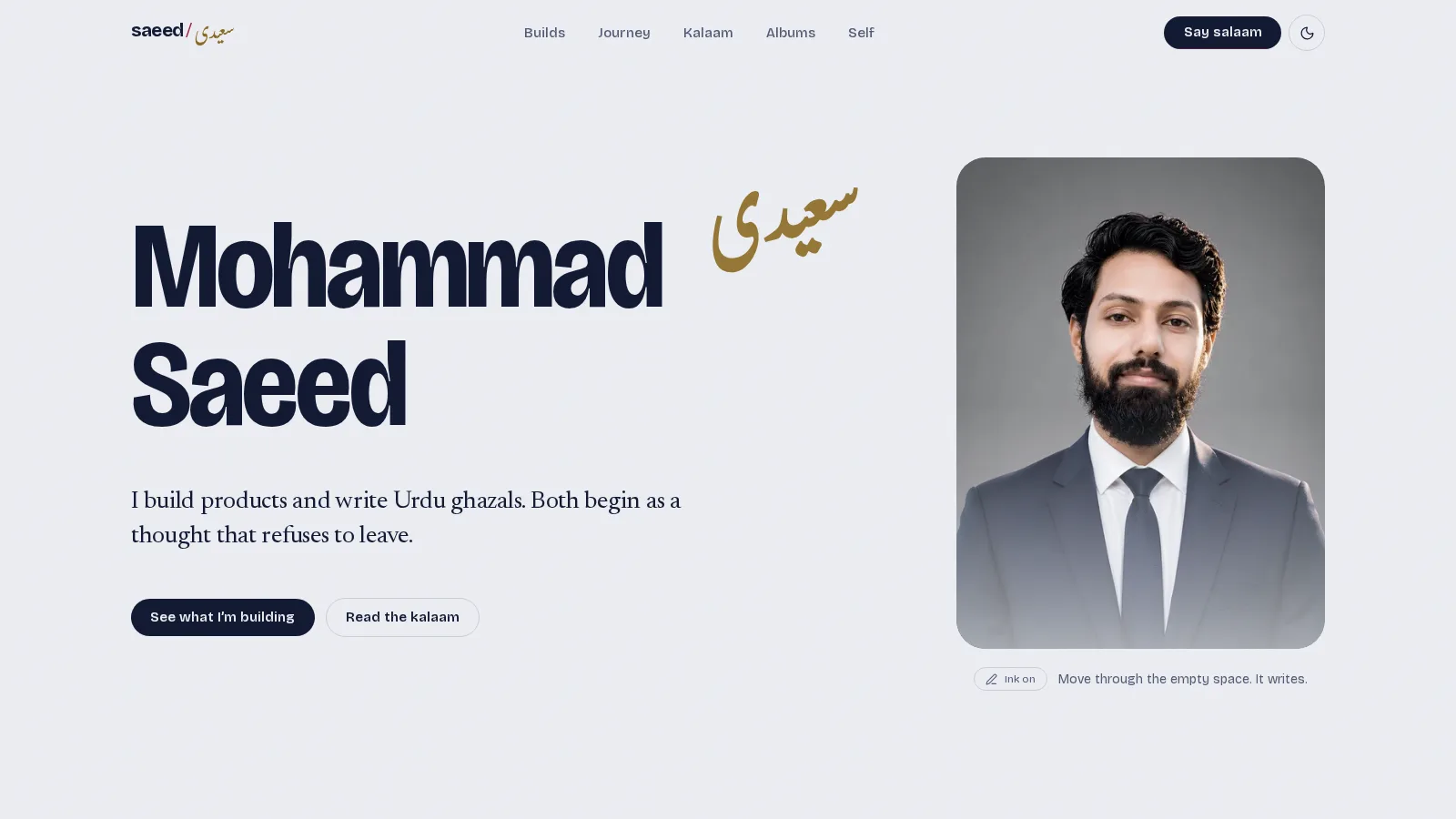 msaeedsaeedi.com home page: the name Mohammad Saeed in large type beside a portrait.