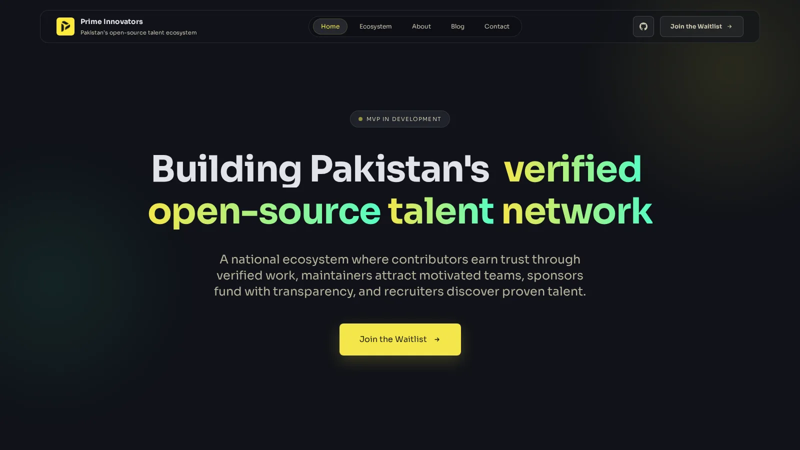 Prime Innovators home page: “Building Pakistan’s verified open-source talent network” with a waitlist button.